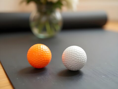 Two golf balls, one orange and one white, lie on a black yoga mat on a wood floor. A vase of flowers is out of focus in the background.
