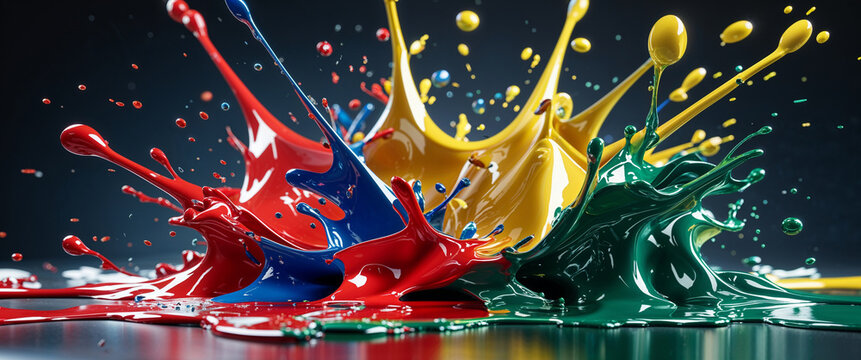 Vibrant explosions of red blue yellow and green paint splashes against dark background