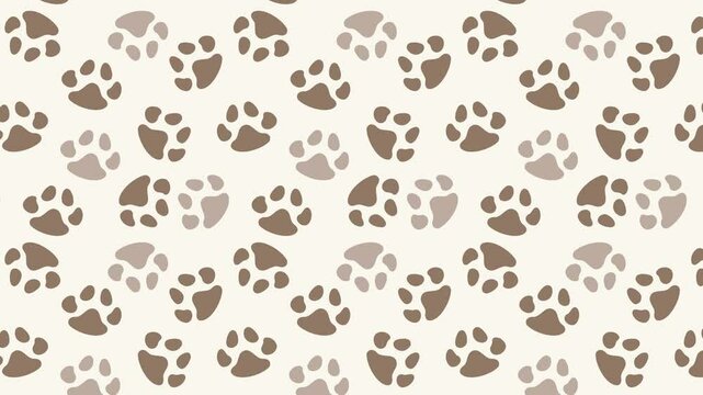 Brown and beige paw prints scroll down in a repeating pattern on light cream background. Cute animation for pet themes, kids, or backgrounds.