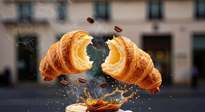 Steaming, flaky croissants burst open with flying coffee beans, capturing a dynamic splash of coffee against a city backdrop