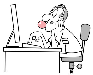 Customer service agent blowing bubblegum while working on computer and wearing headset