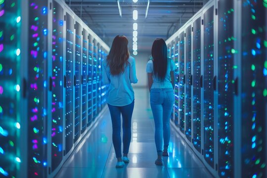 Two women stroll through a vibrant, illuminated data center filled with dazzling lights and high-tech servers, embodying the intersection of technology and human connection in a digital world.