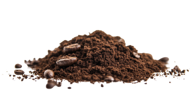 Milled coffee sediment residue with fine ground texture and earthy aroma particles isolated on white background
