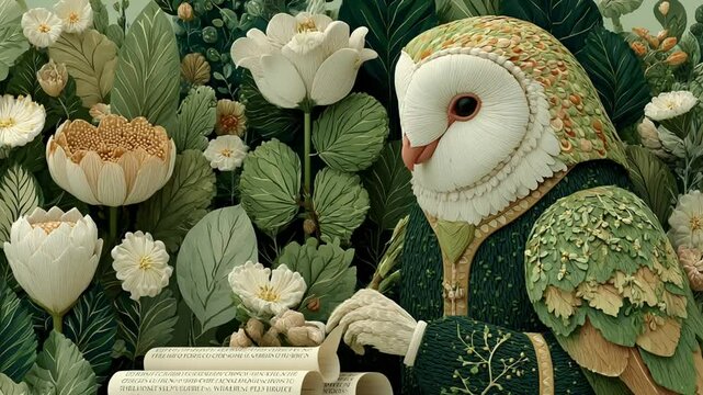Whimsical barn owl scholar surrounded by flora in a seamless tapestry design