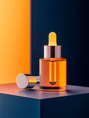 A sleek amber liquid dropper bottle on a modern pedestal, creatively lighting up with vibrant background colors.