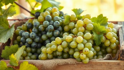 Basket of Grapes and Blueberries with a Rustic Vine Background