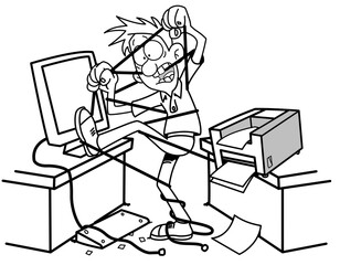 Frustrated Office Worker Tangled in Computer Cables Fighting Technology Frustration