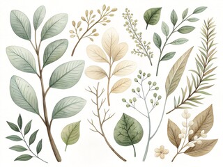 Gentle botanical set with leaves, branches, organic foliage. 
Ideal for minimalist, spring, or vintage-inspired decor.