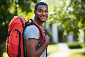 Naklejka premium Smiling Traveler with Backpack Enjoying Outdoor Adventure in Natural Setting.