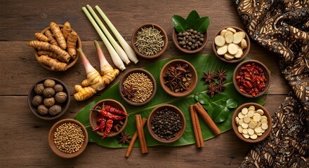 Traditional Indonesian spices arranged beautifully on rustic wooden table surface.