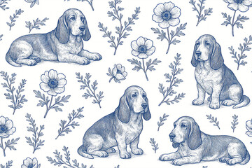 basset hound toile pattern with anemone flowers and botanical foliage in vintage blue ink engraving style seamless design