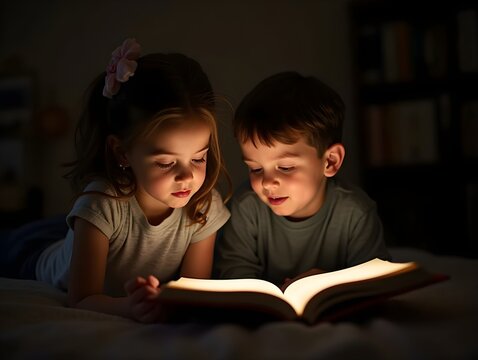 Two children, a girl and a boy, engrossed in a book's glow, sharing a moment of curiosity and wonder in a cozy, softly lit room.