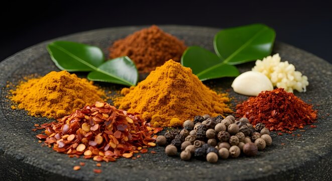 Extreme close-up of colorful Indonesian spices on stone mortar surface.