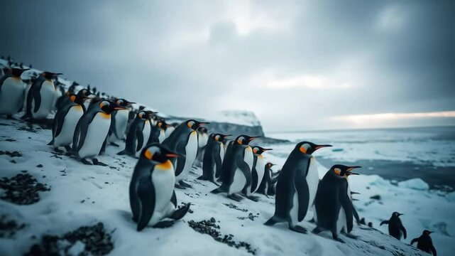 Gentoo penguin colony in the South Pole, Antarctic Peninsula. A large group of wild animals resting on a snowy hill, cold sea and mountains in the background. 4k video