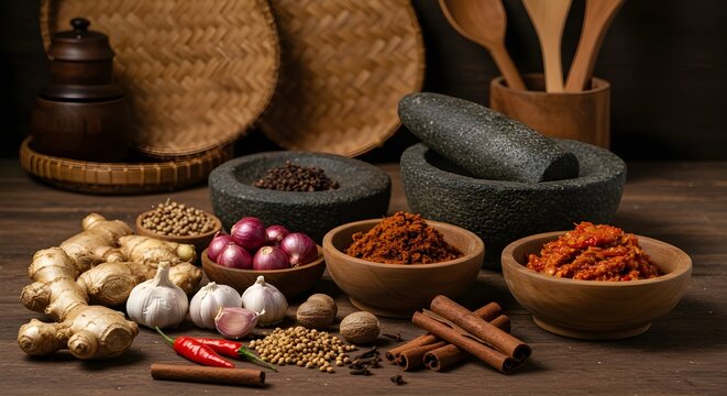 Rustic Indonesian kitchen scene with spices, sambal, and cooking tools.