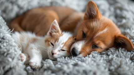 A cute puppy and kitten cuddle on a fluffy blanket, showcasing the endearing bond between pets and the comfort they provide, capturing pure innocence and love.