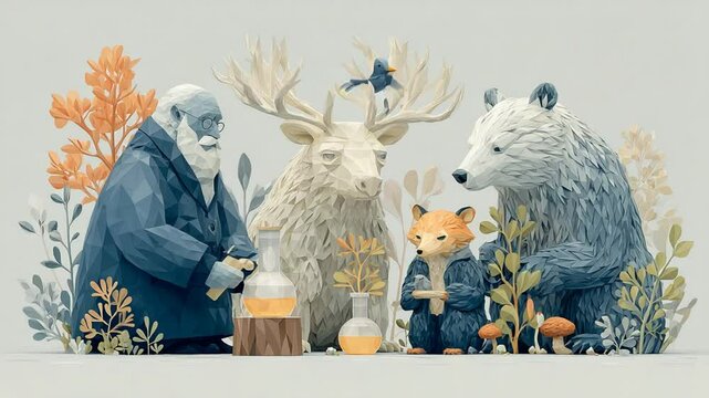 Whimsical Illustration of Darwin, Forest Animals and Science Equipment in Low Polygon Style
