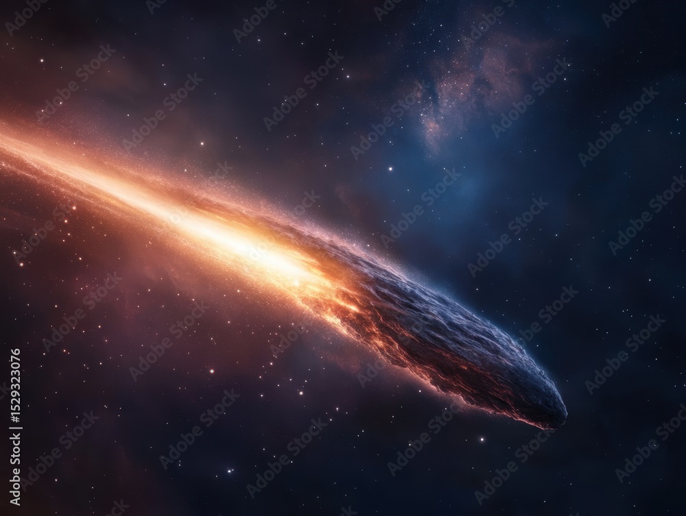 Poster bright comet streaking through a dark starry sky in outer space during a cosmic event