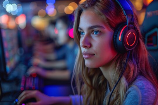 An engaged young woman sporting a gaming headset, immersed in a captivating gaming environment, reflecting the modern culture of digital entertainment and female gamers.