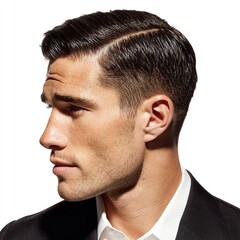 Fototapeta premium Man with side part haircut slicked back style and dark hair professional look for business and formal events