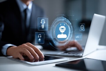 A businessman in a formal outfit is using a laptop, cell phone, mouse, and keyboard for work. The man is wearing a tie.