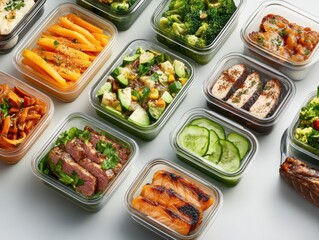 Meal prep containers filled with various healthy foods such as grilled salmon, vegetables, and lean meats