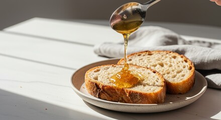 Fermented garlic honey drizzled over toast with sunlight