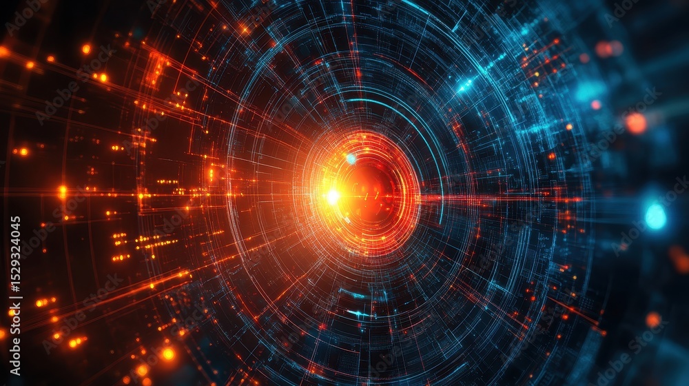 Aufkleber glowing red and blue circles form an abstract tunnel with light flares. use for high tech, networkin