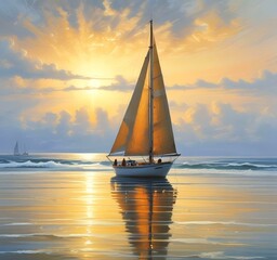 Illustration of sailboat yaht in calm ocean with island and sunrise.
