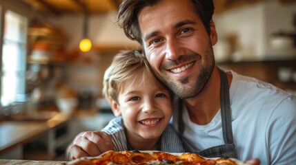 A joyful scene of a father and his son proudly holding a freshly baked pizza, capturing their smiling expressions and the warmth of their family bond in a cozy kitchen setting.