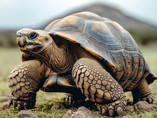 Galapagos tortoise walking on grassy ground