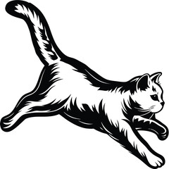 A white cat leaps against a spiky black backdrop, captured in this monochrome art