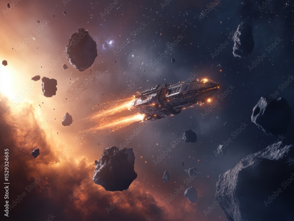 Poster spaceship navigating through an asteroid field in deep space with vibrant colors and energy trails