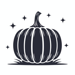 An isolated dark silhouette of a pumpkin with grass and magical stars around it