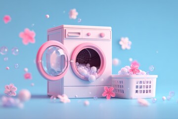 A front view of a washing machine with an open door and soap bubbles inside, against a neutral background.