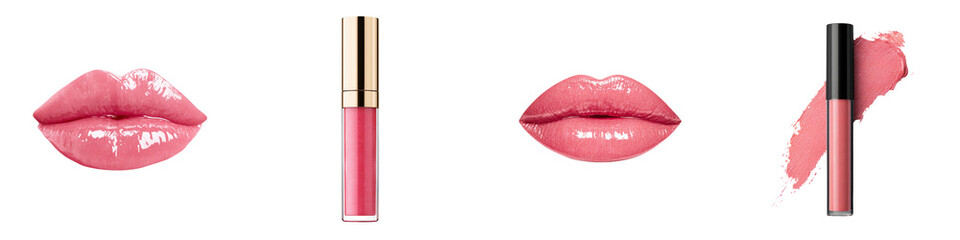 Vibrant and glossy pink lips with cosmetic products