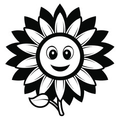 Animated monochrome sunflower shows a cheerful, friendly face and a single leaf