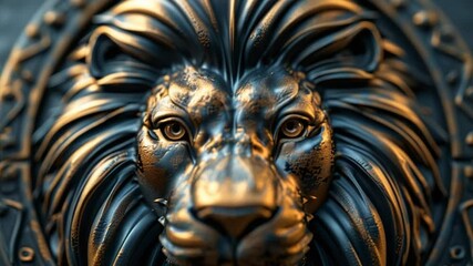 Magnificent lion head sculpture with detailed mane and golden highlights artistic video
