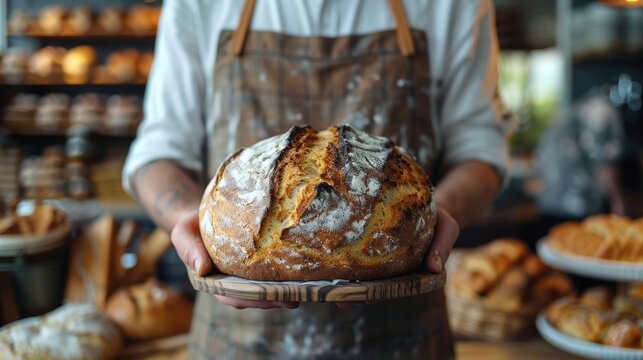 A skilled baker presents a beautifully crafted loaf of bread, showcasing the artisan touch and the inviting atmosphere of a bakery filled with an array of delicious baked goods.