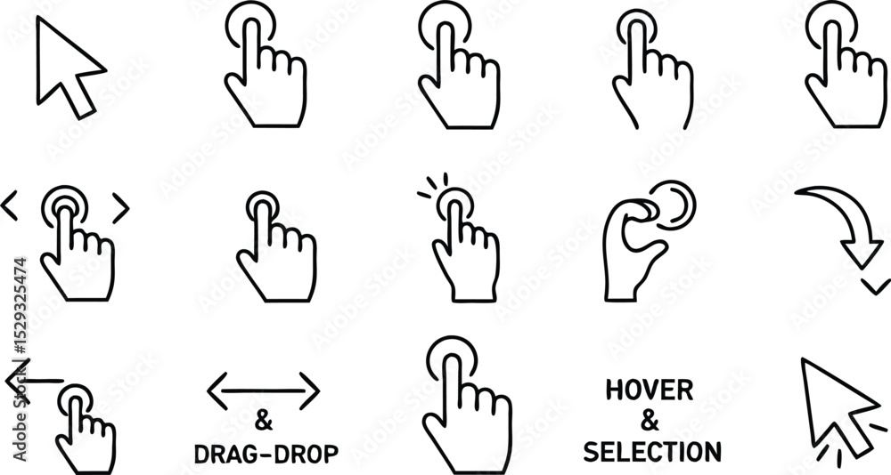 Poster a collection of black and white outline style computer cursors and touch gestures icons