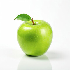 Juicy ripe green apple with a leaf on a white background