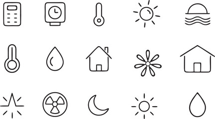 Web design icon set: vector symbols for nature, business, and internet concepts, including sun, flower, heart, leaf, map, and globe illustrations