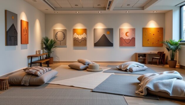 indoor space featuring soft rugs weighted blankets dim lighting and sensory wall panels offering a safe and regulated area