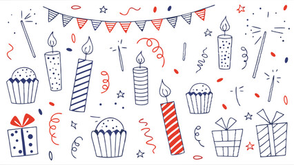 Hand drawn birthday elements including gifts, cupcakes, candles and sparklers on white background