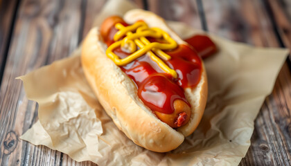 ケチャップとマスタードがたっぷりかかったホットドッグ