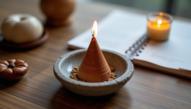 close up of incense cone burning in a stone dish with intention notes and spiritual planner nearby during a calm routine