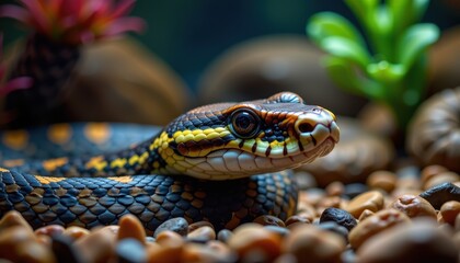 Fototapeta premium close up of snake scales illuminated by a focused light as the pet rests calmly in a terrarium with realistic decor
