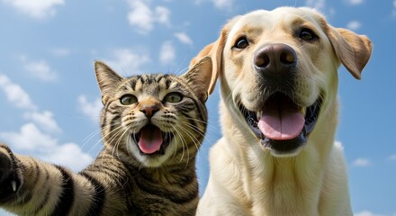 Best friends cat and dog selfie under sunny skies, detailed fur, clear facial features, joyful mood, animals mimicking human behavior, blue sky and white clouds enha