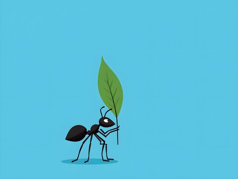 Black ant carrying green leaf on blue background illustration with simple nature theme