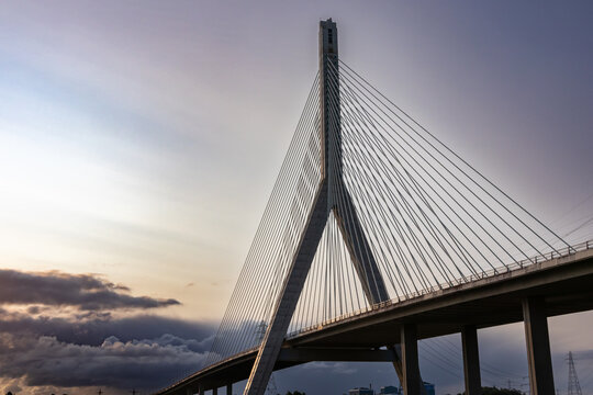 Flintshire Bridge stands prominently in the soft light of early morning, with its cables and concrete structure leading into the distance